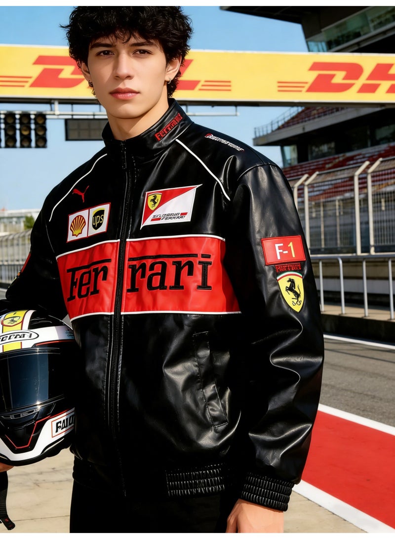 اف 1 Leather Racing Jacket - Black  Red Color Block, Shell/UPS Sponsor Logos, Full-Zip Design, Faux Leather Fabric, Official Motorsport Apparel for Fans  Streetwear Styling - Image 4