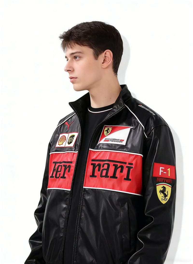 اف 1 Leather Racing Jacket - Black  Red Color Block, Shell/UPS Sponsor Logos, Full-Zip Design, Faux Leather Fabric, Official Motorsport Apparel for Fans  Streetwear Styling - Image 3