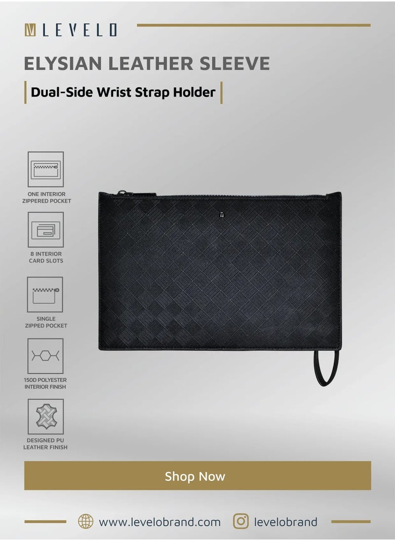 LEVELO - Elysian Leather Sleeve Bag / Special Feature Sided Wrist Strap Holder / Design Leather Finish / Polyester Interior Finish 150D - Black - Image 1