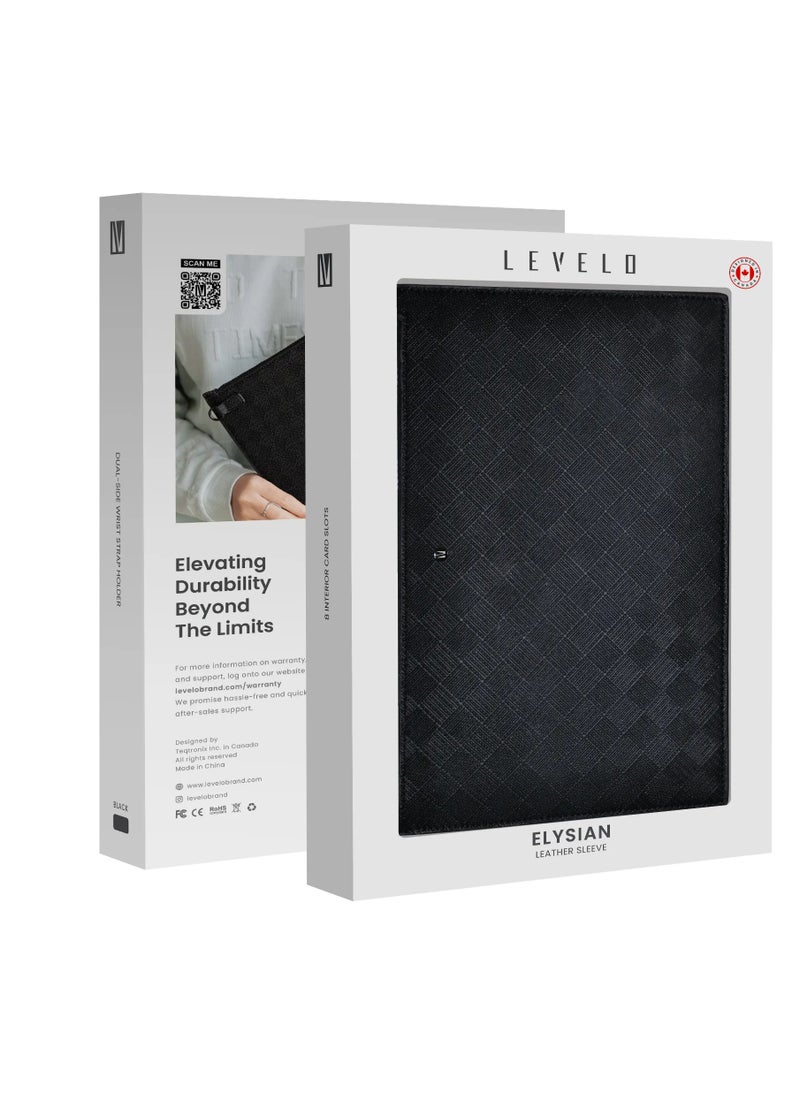 LEVELO - Elysian Leather Sleeve Bag / Special Feature Sided Wrist Strap Holder / Design Leather Finish / Polyester Interior Finish 150D - Black - Image 1