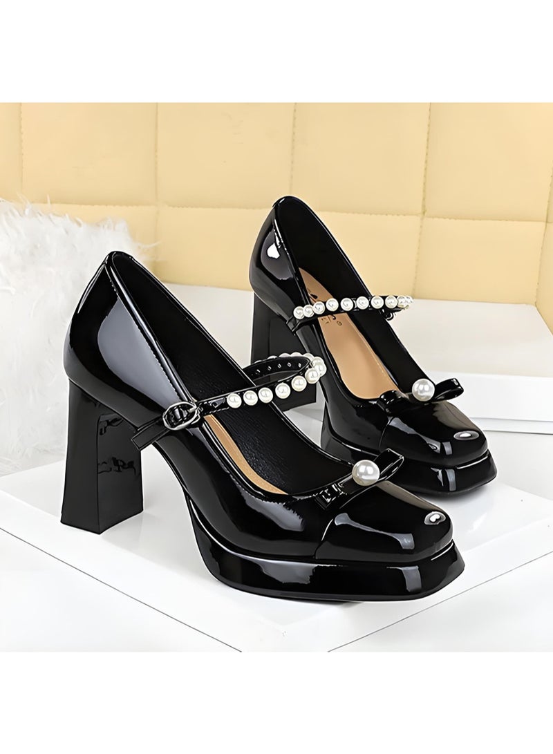بيج تري براءة الاختراع الجلد ماري جين الأحذية الكعب العالي المغلق مربع إصبع القدم مع أحزمة الخرز الأسود - Image 2