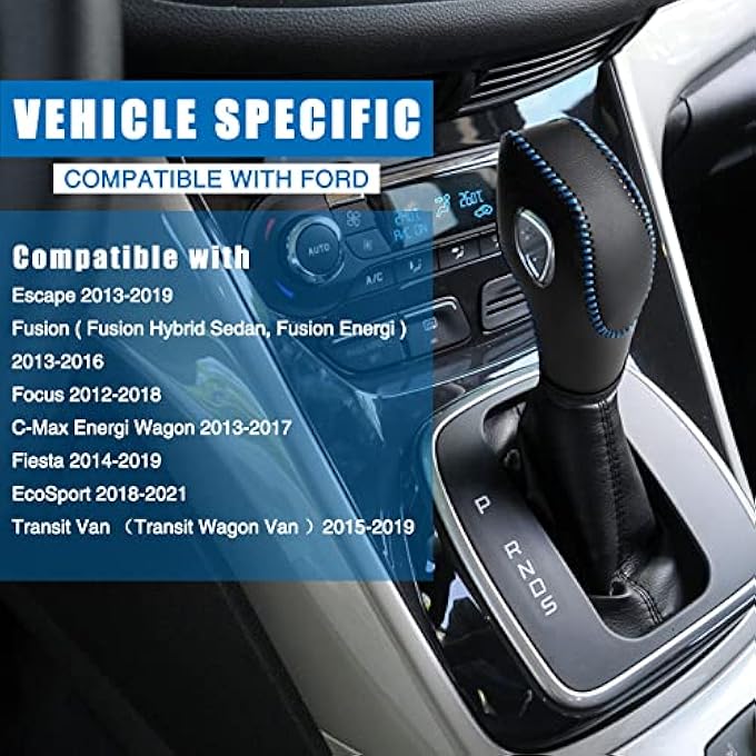 ريحني غطاء مقبض ناقل الحركة الجلدي متوافق مع فورد فوكس إسكيپ فيوجن فييستا CMax Energi Wagon Transit فييستا 20122019 جلد أسود مع غرز زرقاء غطاء مقبض ناقل الحركة أسود - Image 3