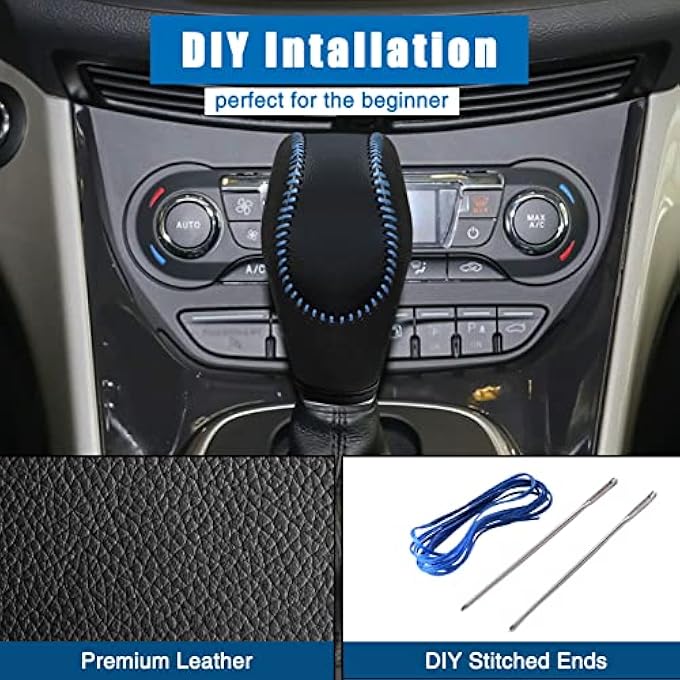 ريحني غطاء مقبض ناقل الحركة الجلدي متوافق مع فورد فوكس إسكيپ فيوجن فييستا CMax Energi Wagon Transit فييستا 20122019 جلد أسود مع غرز زرقاء غطاء مقبض ناقل الحركة أسود - Image 4