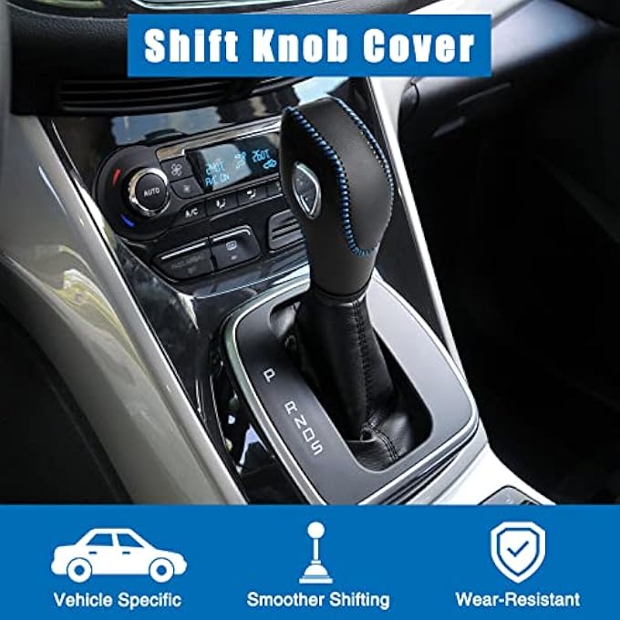 ريحني غطاء مقبض ناقل الحركة الجلدي متوافق مع فورد فوكس إسكيپ فيوجن فييستا CMax Energi Wagon Transit فييستا 20122019 جلد أسود مع غرز زرقاء غطاء مقبض ناقل الحركة أسود - Image 2