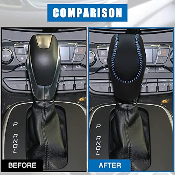 ريحني غطاء مقبض ناقل الحركة الجلدي متوافق مع فورد فوكس إسكيپ فيوجن فييستا CMax Energi Wagon Transit فييستا 20122019 جلد أسود مع غرز زرقاء غطاء مقبض ناقل الحركة أسود - Image 5