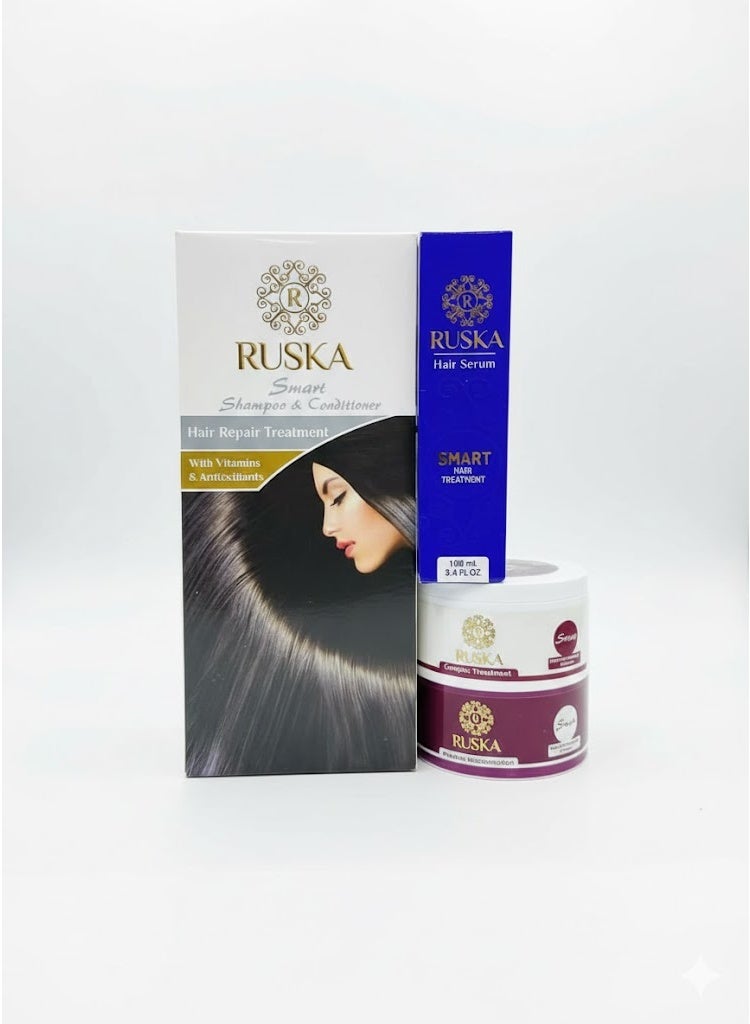 Ruska Smart Care Complete Protein and Keratin Hair Care Set – The Golden Quartet for Protein-Treated and Color-Based Hair Care – (Shampoo + Conditioner + Serum + Hair Mask) - Image 1