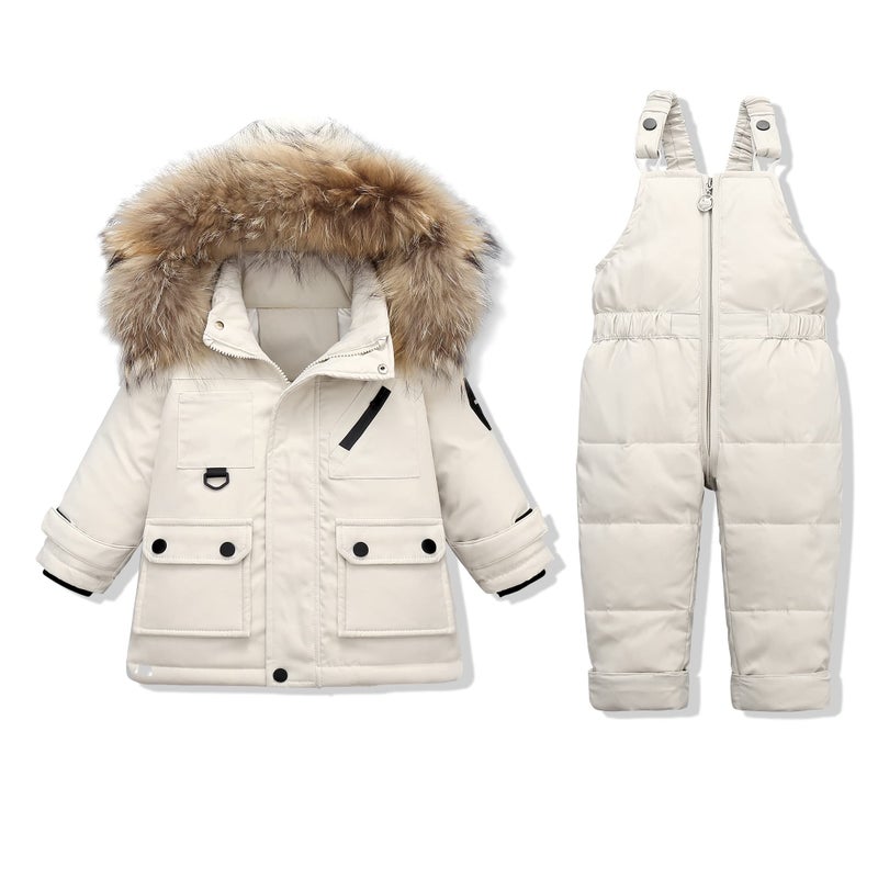 YALLET Baby Girls Boys Snowsuit, Infant Winter Clothes Toddler Kids Winter Warm Hooded Down Jacket Coat + Ski Bib Pants Off-White - Image 1
