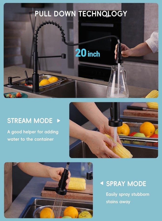APPASO Black Kitchen Faucet with Soap Dispenser and Pull Down Sprayer, SUS304 Stainless Steel Commercial Single-Handle Spring Faucet for Kitchen Sink, Matte Black - Image 2