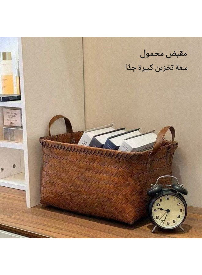 Kawkab 38cm × 26cm × 24cm oversized storage basket, woven cube storage box with handles, square storage basket, Large Laundry Basket with Leather Handle, Woven Box for Bathroom, Bedroom, Pantry, Clothes, Car and Towels，suitable for blankets, clothing, toys, laundry collection and wardrobe organisation,Large Wicker Storage Basket for Organizing Clothes Blanket Basket, Bathroom Bedroom Closet Organizer Storage Box with Handle, Brown. - Image 2