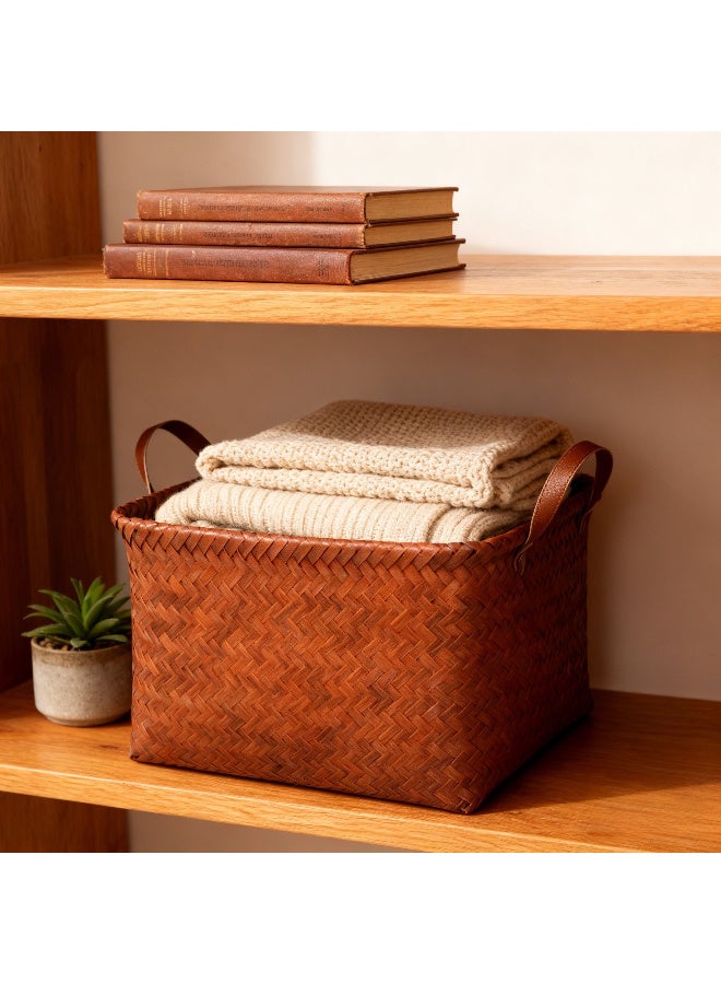 Kawkab 38cm × 26cm × 24cm oversized storage basket, woven cube storage box with handles, square storage basket, Large Laundry Basket with Leather Handle, Woven Box for Bathroom, Bedroom, Pantry, Clothes, Car and Towels，suitable for blankets, clothing, toys, laundry collection and wardrobe organisation,Large Wicker Storage Basket for Organizing Clothes Blanket Basket, Bathroom Bedroom Closet Organizer Storage Box with Handle, Brown. - Image 4