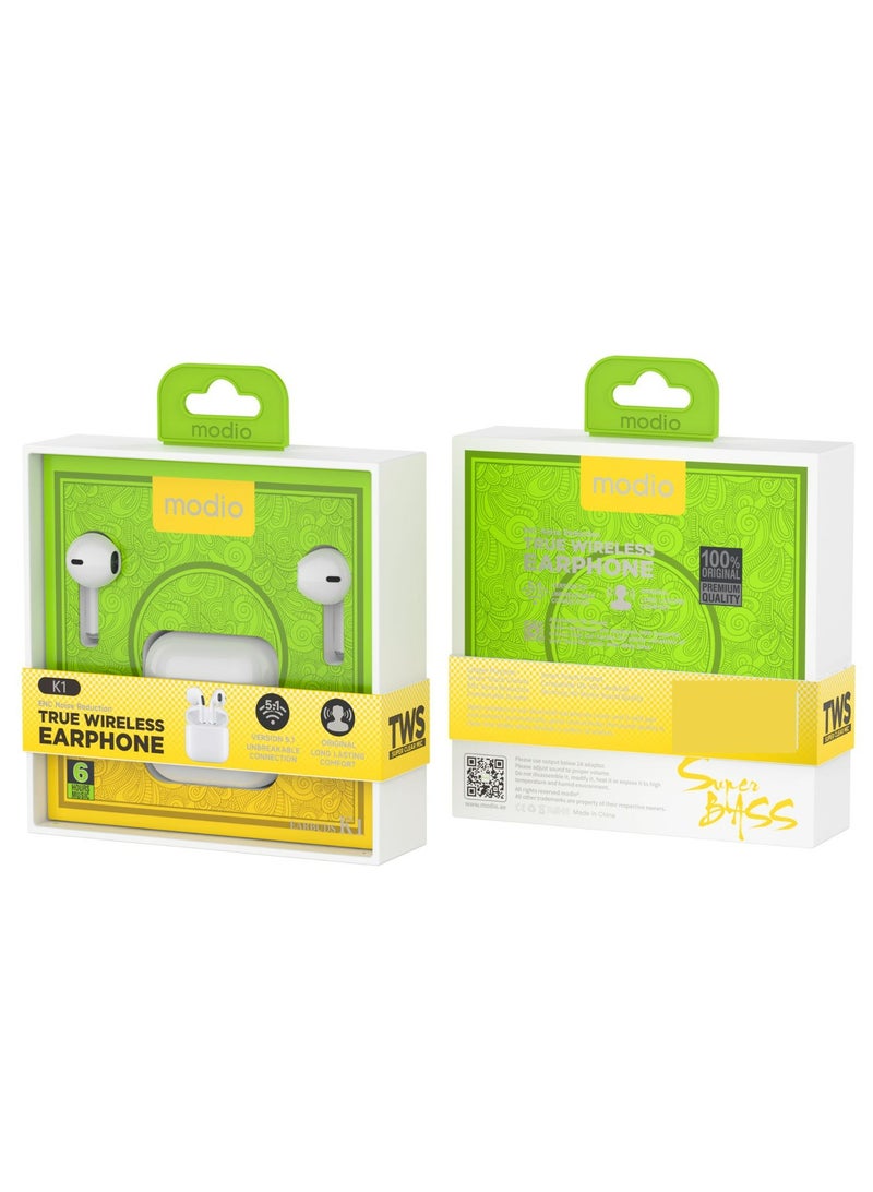 موديو سماعات أذن لاسلكية حقيقية K1 - بيضاء، مريحة داخل الأذن، تحكم باللمس، بلوتوث 5.1 اتصال غير قابل للكسر، صوت ستيريو عالي الدقة، تصميم متين يدوم طويلاً، سماعات رأس لاسلكية للموسيقى والمكالمات - Image 4