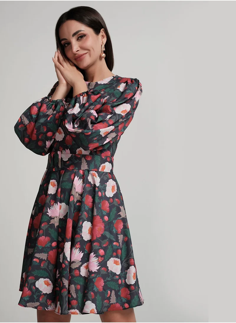 Zigzag Sleeve Puffed Printed Short Dress