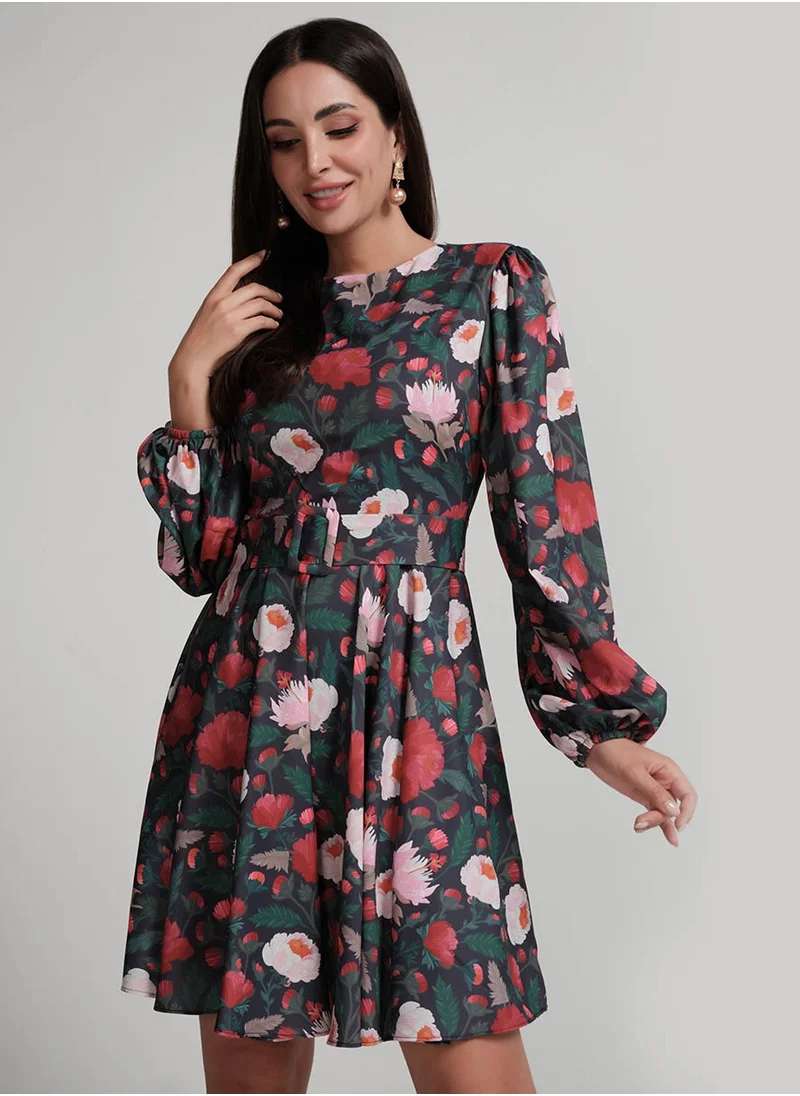 Zigzag Sleeve Puffed Printed Short Dress