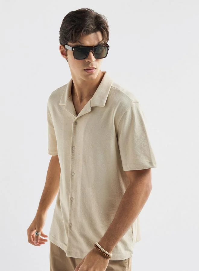 Splash FAV Textured Camp Collar Shirt with Short Sleeves