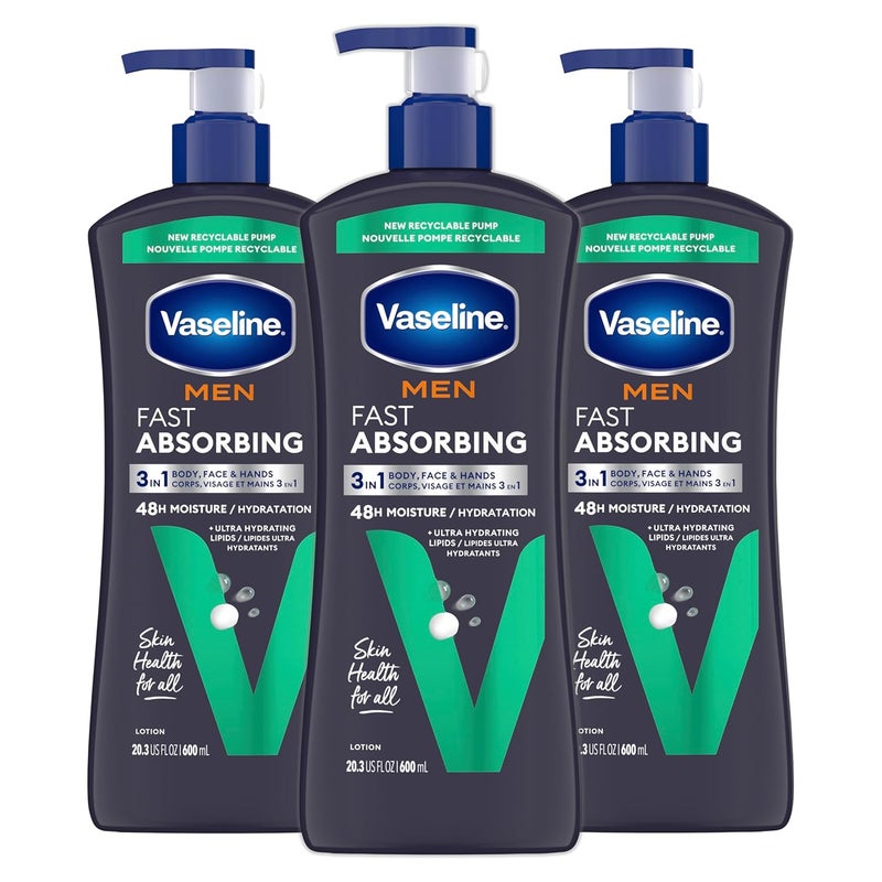 Vaseline Mens Healing Moisture Hand  Body Lotion For Dry or Cracked Skin Fast Absorbing NonGreasy Lotion for Men 203 oz Pack of 3 - Image 1