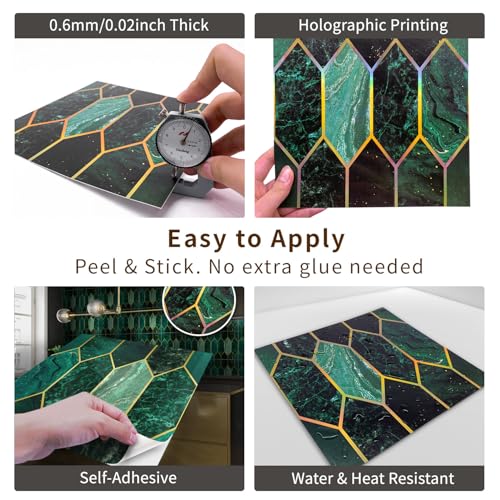 funlife 10Pcs Art Deco Green Peel and Stick Thick Kitchen Backsplash, Self Adhesive Wall Tile, Flat Glossy Stickers for Home Decor, Holographic Emerald Kitchen Tiles 5.9"x 5.9" - Image 2
