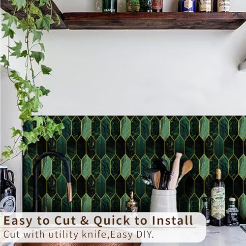 funlife 10Pcs Art Deco Green Peel and Stick Thick Kitchen Backsplash, Self Adhesive Wall Tile, Flat Glossy Stickers for Home Decor, Holographic Emerald Kitchen Tiles 5.9"x 5.9" - Image 4