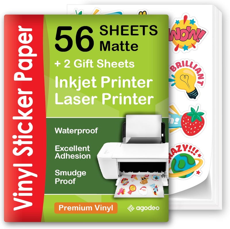 AgoDeo Premium Printable Vinyl Sticker Paper for Inkjet & Laser Printer - 56 Sheets Self-Adhesive Sheets Matte White Waterproof, Dries Quickly Vivid Colors, Holds Ink Well - Tear Resistant - Image 1