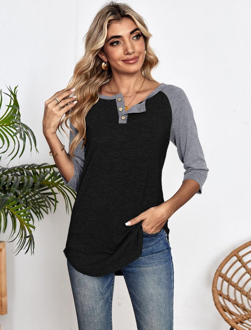 Halife 3/4 Length Sleeve Womens Tops V Neck Cotton Summer Tshirts Casual Loose Raglan Tunic Tops Black Grey XL - Image 2