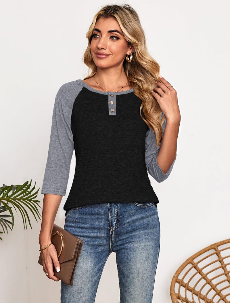 Halife 3/4 Length Sleeve Womens Tops V Neck Cotton Summer Tshirts Casual Loose Raglan Tunic Tops Black Grey XL - Image 4