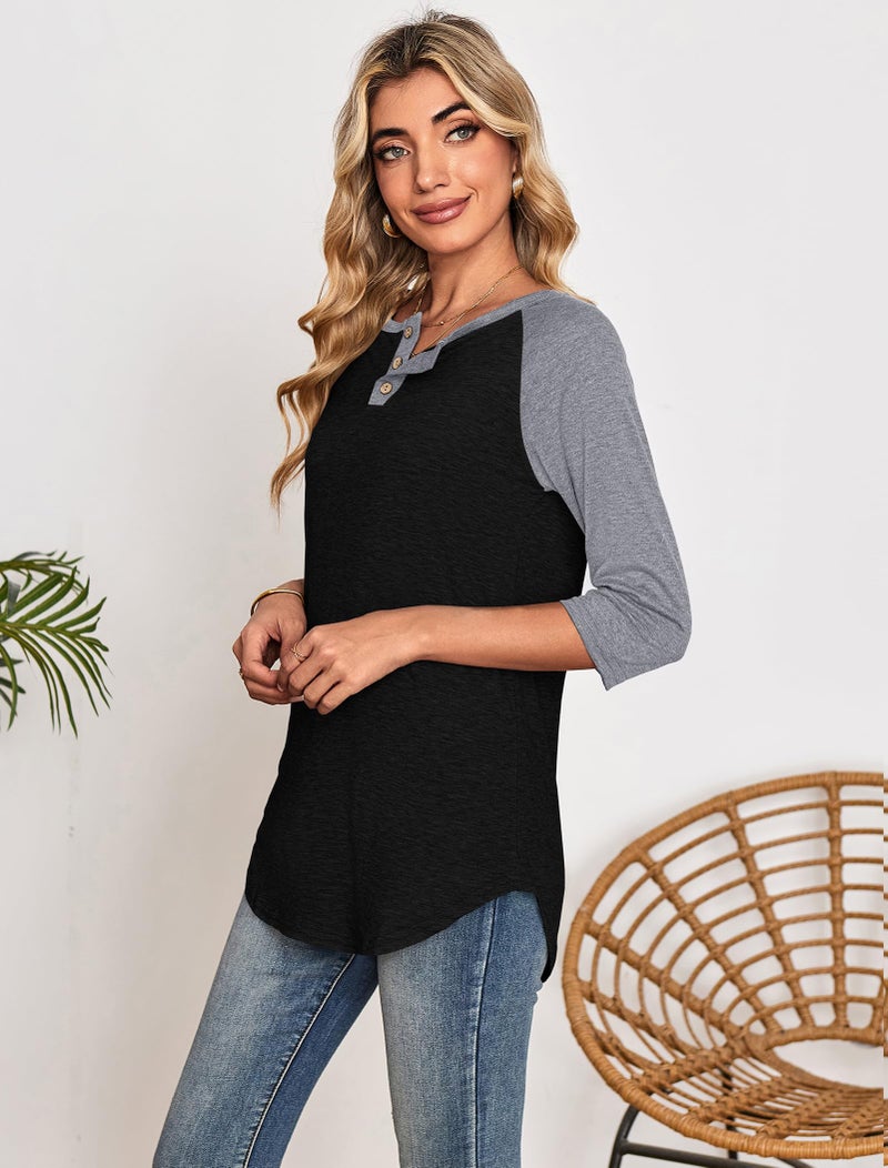 Halife 3/4 Length Sleeve Womens Tops V Neck Cotton Summer Tshirts Casual Loose Raglan Tunic Tops Black Grey XL - Image 3