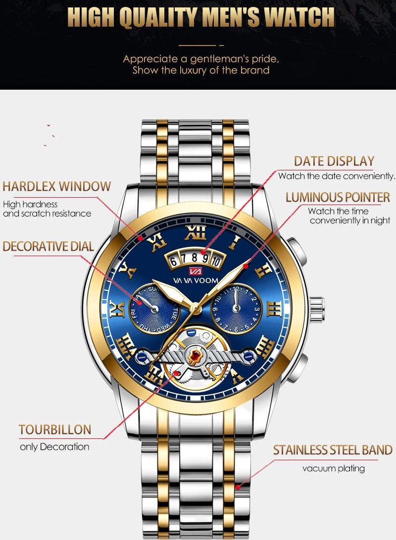 VA VA VOOM Men's Water Resistance Stainless Steel Analog Quartz Wrist Watch - Image 5