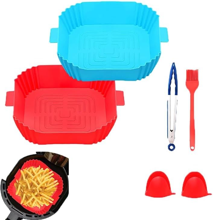 NISIXDEC Air Fryer Silicone Liners 2 PCS Square with Oven Mitts Basting Brush and a Pair of Tongs Reusable Silicone Molds Air Fryer Accessories Replacement of Parchment Paper - Image 1