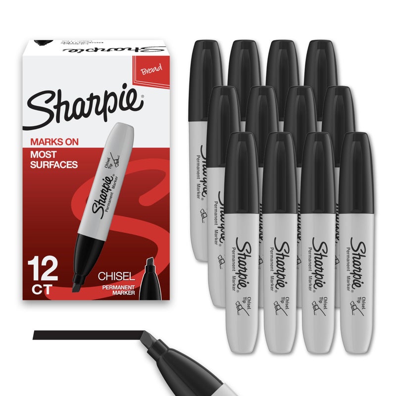 Sharpie Permanent Markers, Chisel Tip, Black, 12 Count - Home, School, Office Supplies - Image 1