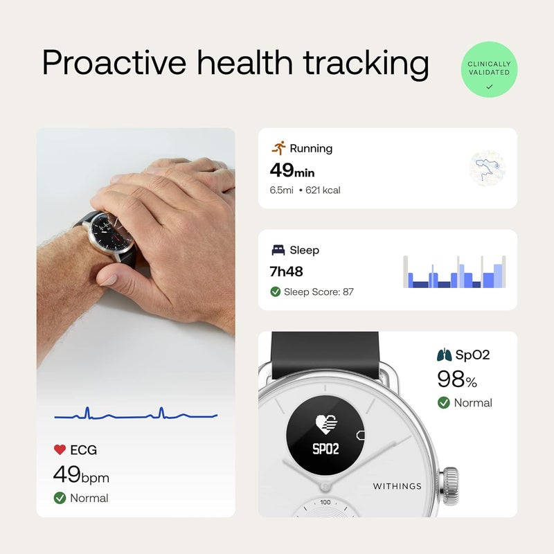 Withings ScanWatch 2 - ساعة ذكية هجينة ، مراقبة معدل ضربات القلب ، تتبع اللياقة البدنية ، تتبع الدراجة ، مراقبة النوم ، تتبع GPS ، عمر البطارية لمدة 30 يومًا ، متوافق مع أندرويد وأبل ، HSA / FSA - Image 3