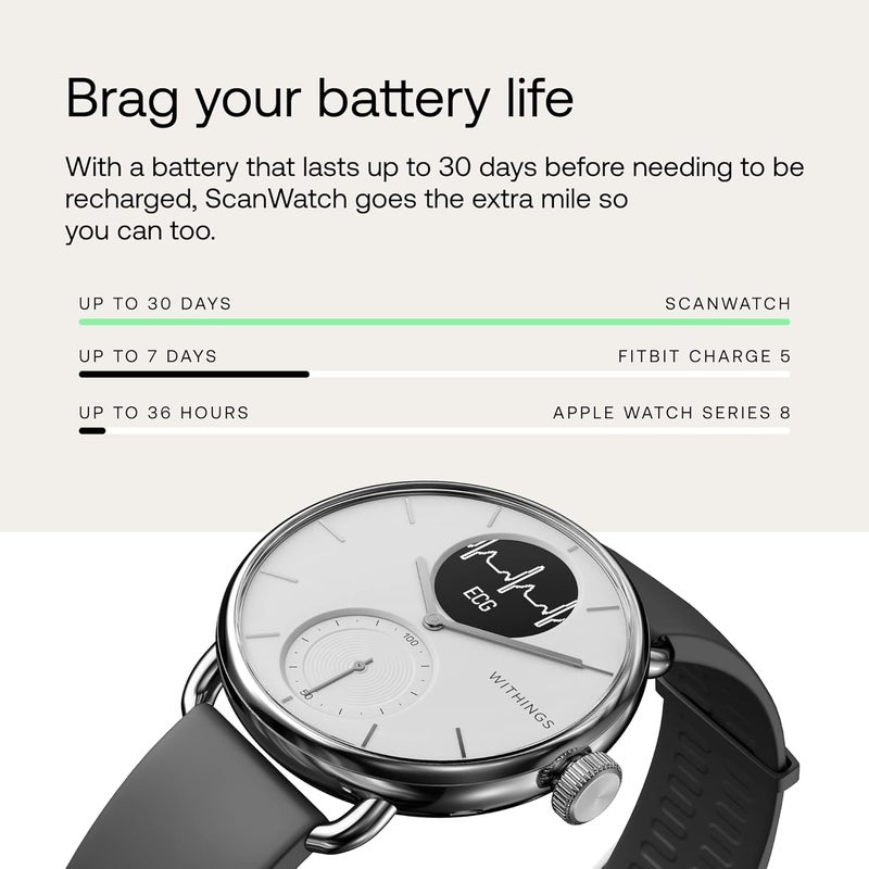 Withings ScanWatch 2 - ساعة ذكية هجينة ، مراقبة معدل ضربات القلب ، تتبع اللياقة البدنية ، تتبع الدراجة ، مراقبة النوم ، تتبع GPS ، عمر البطارية لمدة 30 يومًا ، متوافق مع أندرويد وأبل ، HSA / FSA - Image 4