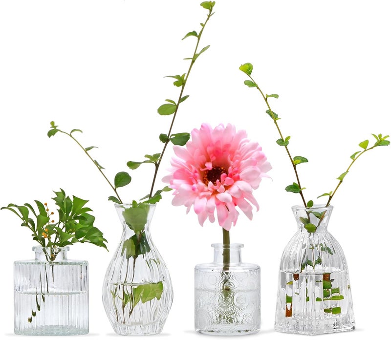 Mapoxy Glass Bud Vases Set of 4,Small Flower Vases for Wedding Centerpiece Table Decorations,Clear Vintage Embossed Mini Vases,Flower Arrangements in Vases for Party or Home Decor - Image 1