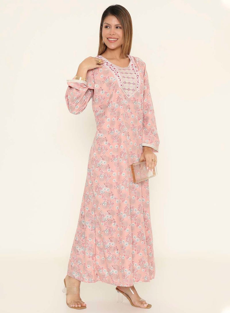HANA & SARA Floral Print Pink Arabic Jalabiya with Embroidered Neckline - Image 4