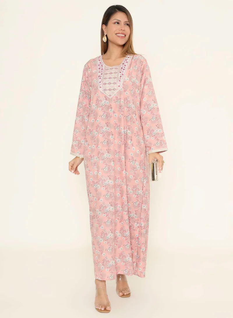 HANA & SARA Floral Print Pink Arabic Jalabiya with Embroidered Neckline