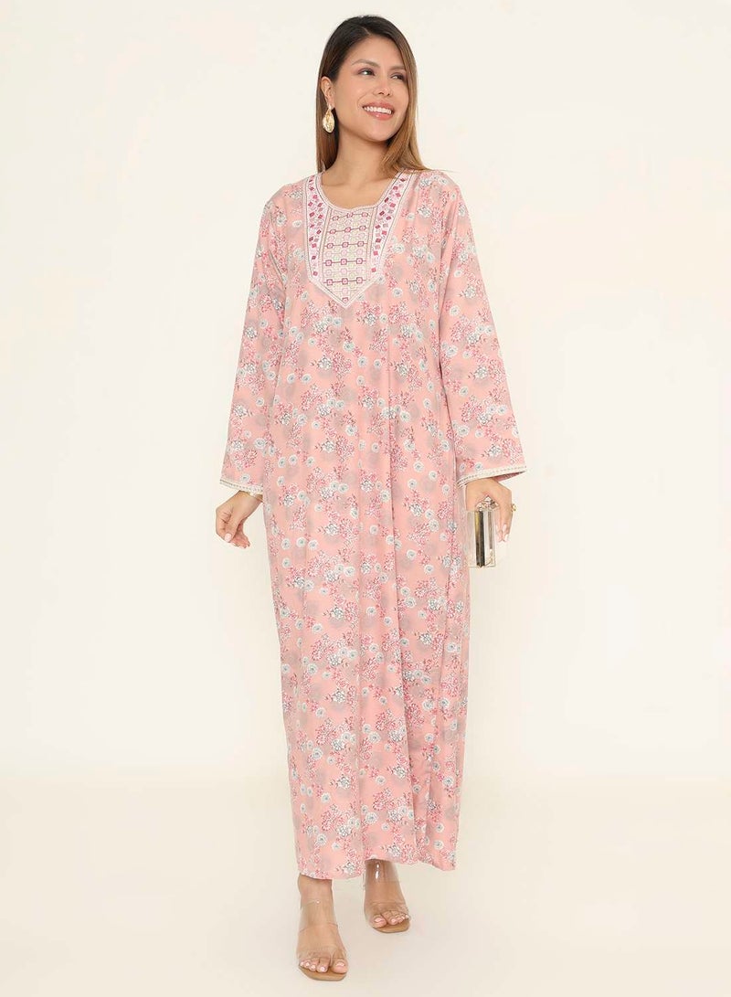 HANA & SARA Floral Print Pink Arabic Jalabiya with Embroidered Neckline - Image 1