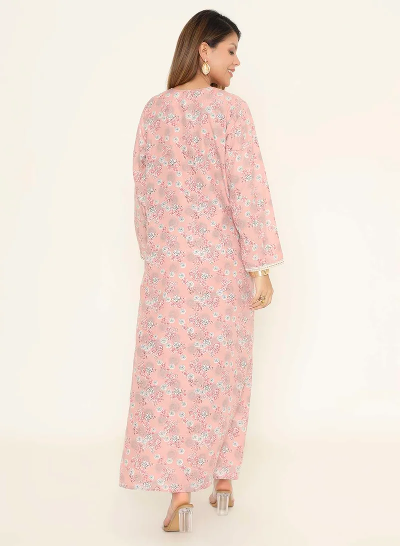 HANA & SARA Floral Print Pink Arabic Jalabiya with Embroidered Neckline