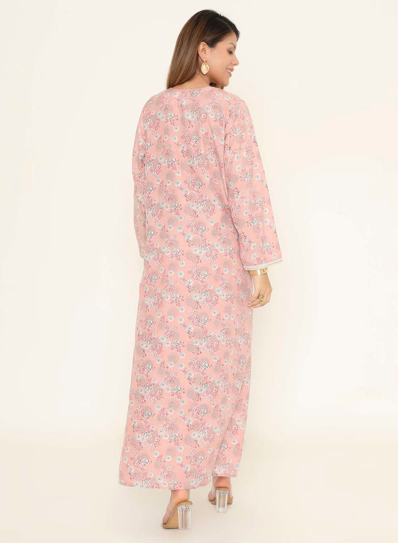 HANA & SARA Floral Print Pink Arabic Jalabiya with Embroidered Neckline - Image 2