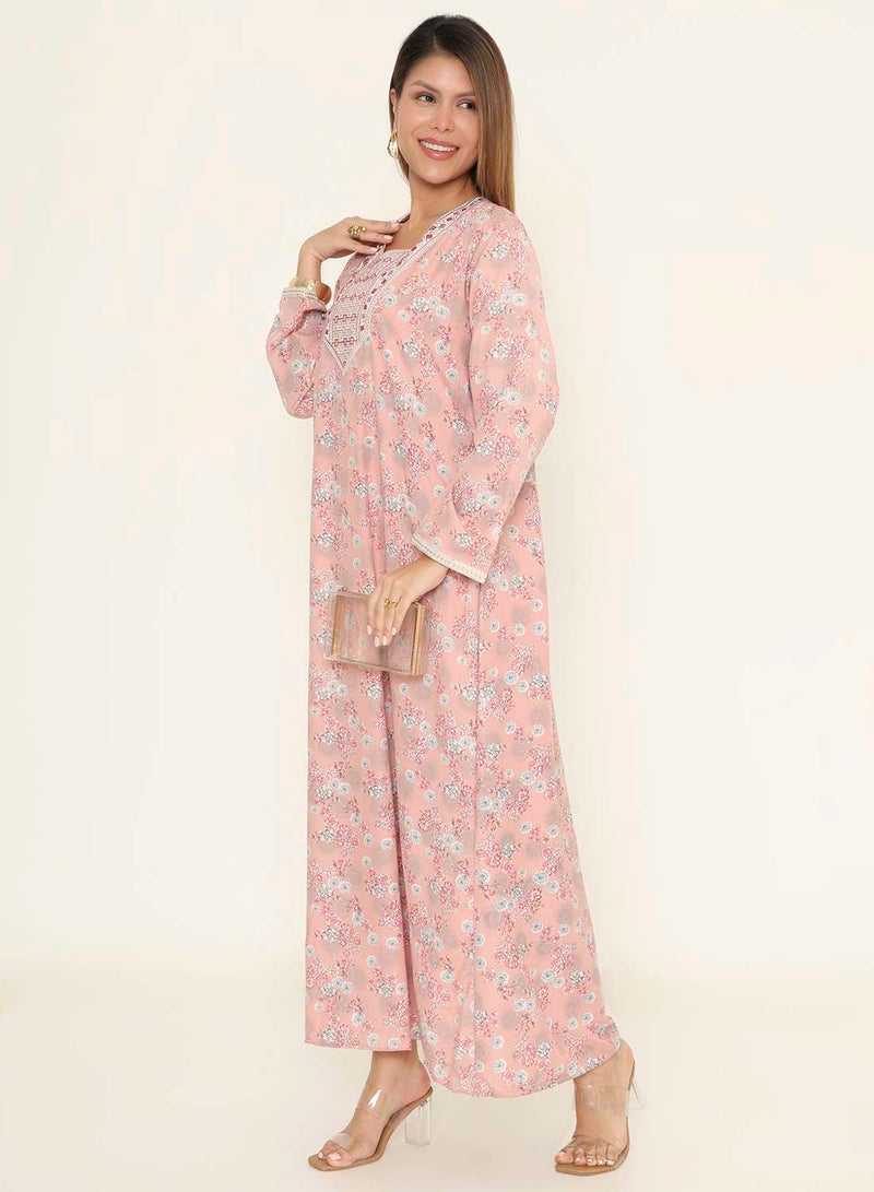 HANA & SARA Floral Print Pink Arabic Jalabiya with Embroidered Neckline - Image 5