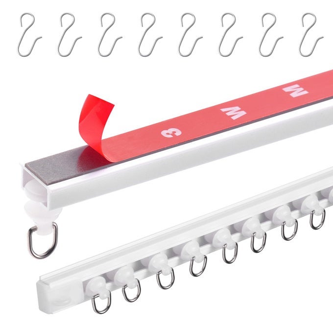 Ceiling Curtain Track Set 99 FT3 Meter Self Adhesive No Drill Ceiling Track System for Curtains Room Divider Curtain Track Ceiling Mounted for Living Room with Hooks and Hardware White