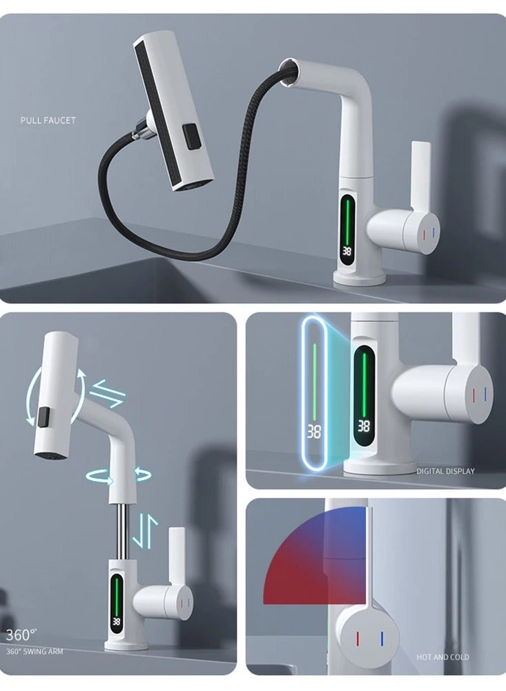 AROAQ Waterfall Pull Out Kitchen Faucet White Intelligent Digital Display Cold Hot Mixer Taps Rotatable Sink Lifting Basin Faucet - Image 5