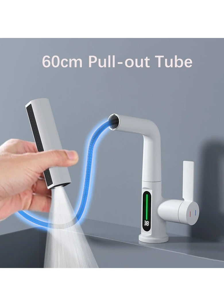 AROAQ Waterfall Pull Out Kitchen Faucet White Intelligent Digital Display Cold Hot Mixer Taps Rotatable Sink Lifting Basin Faucet - Image 2