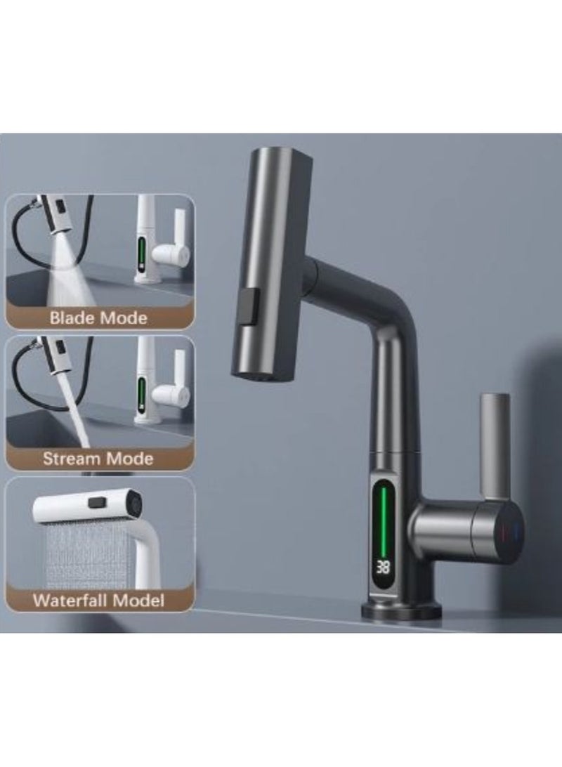 AROAQ Waterfall Pull Out Kitchen Faucet White Intelligent Digital Display Cold Hot Mixer Taps Rotatable Sink Lifting Basin Faucet - Image 1