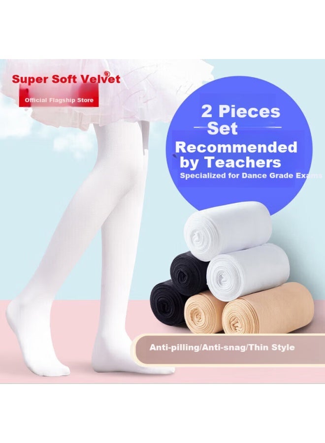 Bejirog 2-pack Children's Dance Socks White Bottomed Tights Girls Summer Thin Velvet Outer Wear Footed Dance Socks - Image 1
