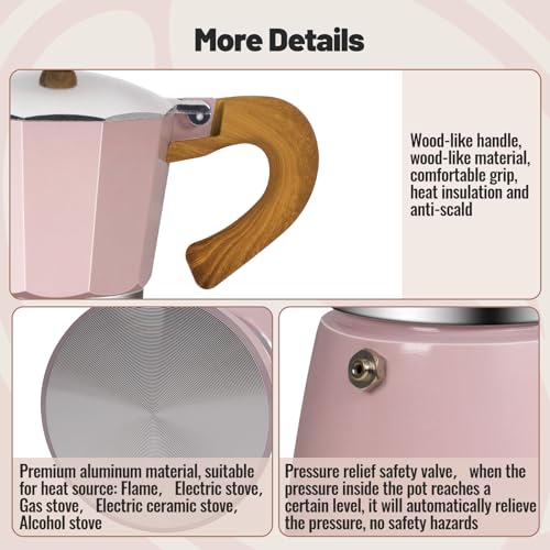 Vaolvpant 6 Cup Aluminum Moka Pot Classic Stovetop Espresso Coffee Maker 300ml 10oz Coffeemaker Percolator Mocha Pot Greca Coffee Maker Cafe Makers for Italian and Cuban Café Brewing Pink - Image 5