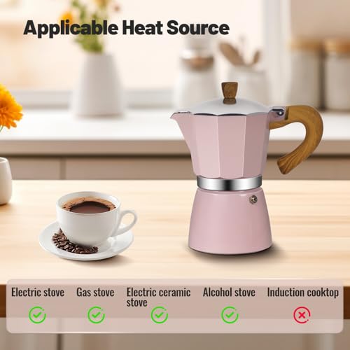 Vaolvpant 6 Cup Aluminum Moka Pot Classic Stovetop Espresso Coffee Maker 300ml 10oz Coffeemaker Percolator Mocha Pot Greca Coffee Maker Cafe Makers for Italian and Cuban Café Brewing Pink - Image 4