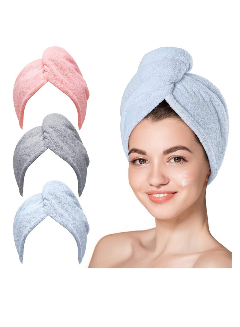 Microfiber Hair Towel, 3 Packs Hair Turbans for Wet Hair, Drying Hair Wrap Towels for Curly Hair Women Anti Frizz (Blue,Grey,Pink)  - Image 1