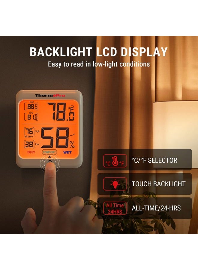 ThermoPro مؤشر رطوبة TP53 مقياس رطوبة رقمي ترمومتر داخلي لمراقبة درجة الحرارة والرطوبة مع إضاءة خلفية تعمل باللمس - Image 4