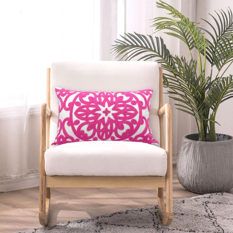 Alysheer Embroidered Lumbar Decorative Throw Pillow Cover 12"x 20", Classic Boho Mandala Embroidery Pattern Cotton Rectangular Cushion Case for Sofa Couch Living Room Bedroom(Bright Hot Pink) - Image 4