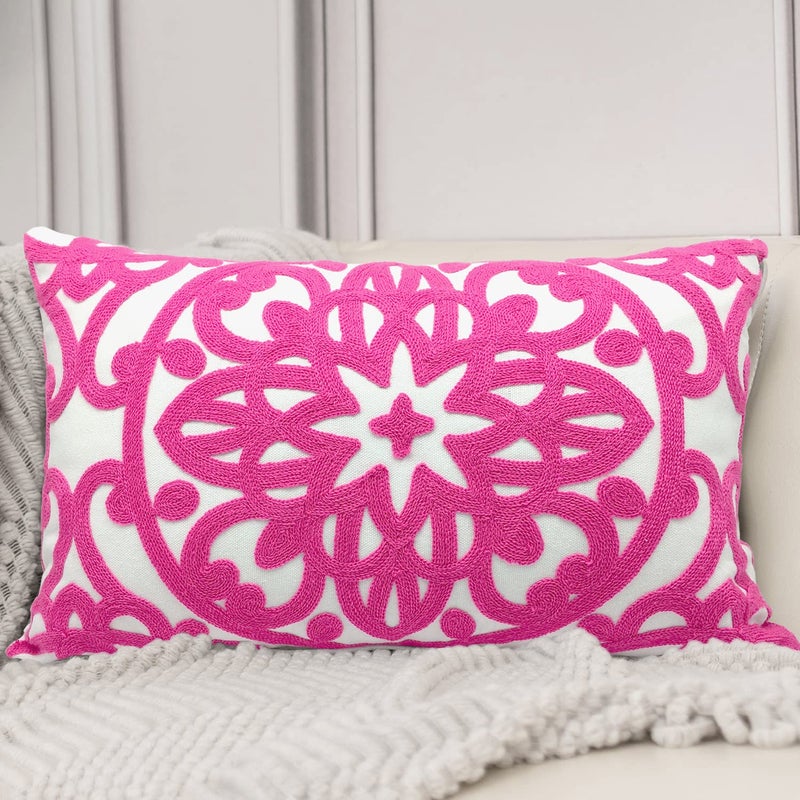 Alysheer Embroidered Lumbar Decorative Throw Pillow Cover 12"x 20", Classic Boho Mandala Embroidery Pattern Cotton Rectangular Cushion Case for Sofa Couch Living Room Bedroom(Bright Hot Pink) - Image 1