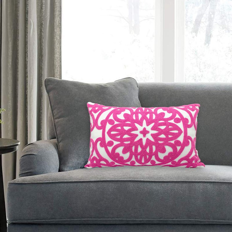 Alysheer Embroidered Lumbar Decorative Throw Pillow Cover 12"x 20", Classic Boho Mandala Embroidery Pattern Cotton Rectangular Cushion Case for Sofa Couch Living Room Bedroom(Bright Hot Pink) - Image 2