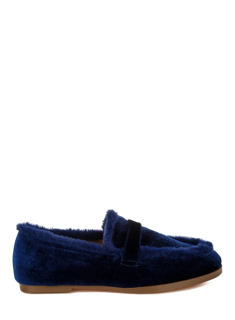 London Rag Fur Detail Velvet Loafers in Dark Blue